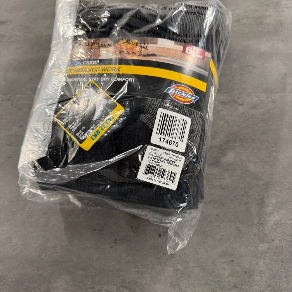 Dickies Socks Mens 6-12 Dri-Tech Performance Work Black Gray 6-Pair Pack NEW